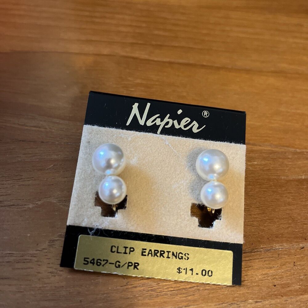 Vintage NAPIER Faux Pearl Gold Tone  Earrings New Old Stock Clip & Screw